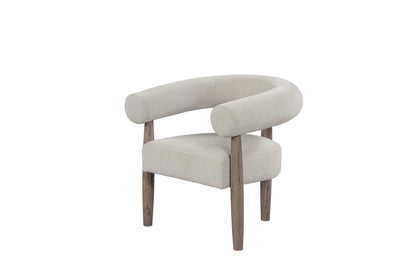 29" CREAM AND LIGHT BROWN FABRIC AND WOOD CURVED ARM CHAIR