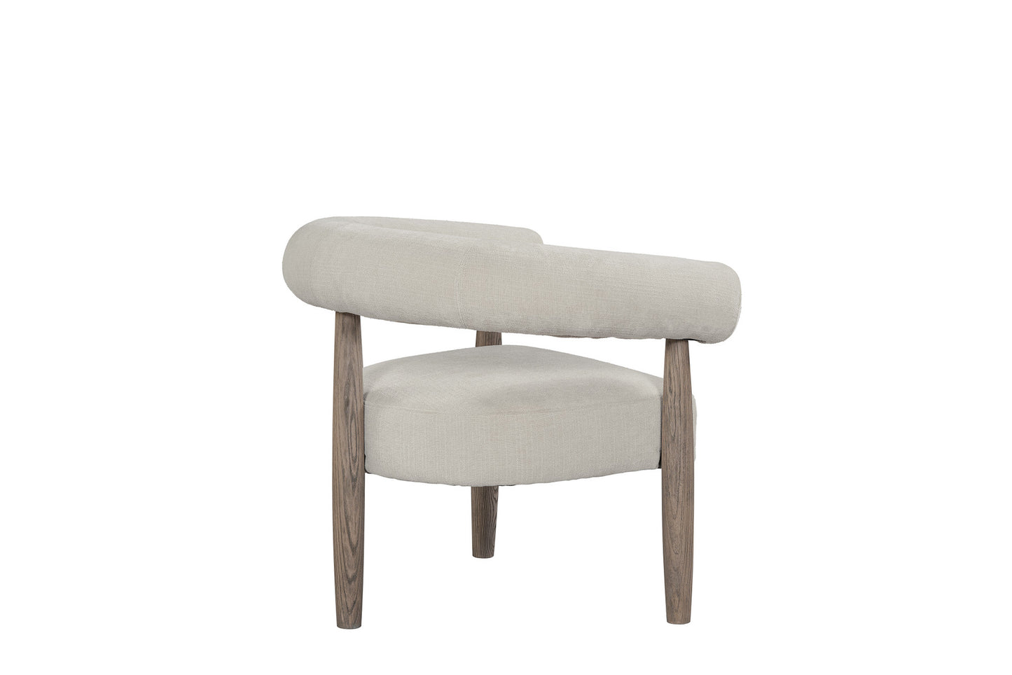 29" CREAM AND LIGHT BROWN FABRIC AND WOOD CURVED ARM CHAIR