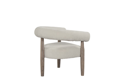 29" CREAM AND LIGHT BROWN FABRIC AND WOOD CURVED ARM CHAIR