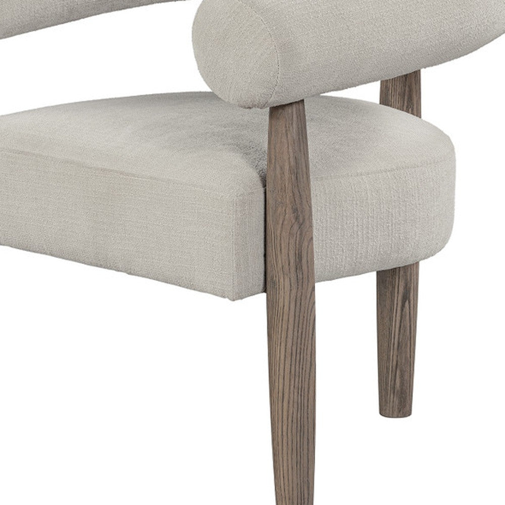 29" CREAM AND LIGHT BROWN FABRIC AND WOOD CURVED ARM CHAIR