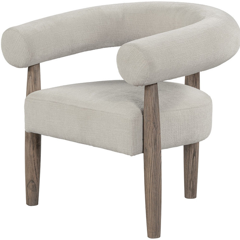 29" CREAM AND LIGHT BROWN FABRIC AND WOOD CURVED ARM CHAIR