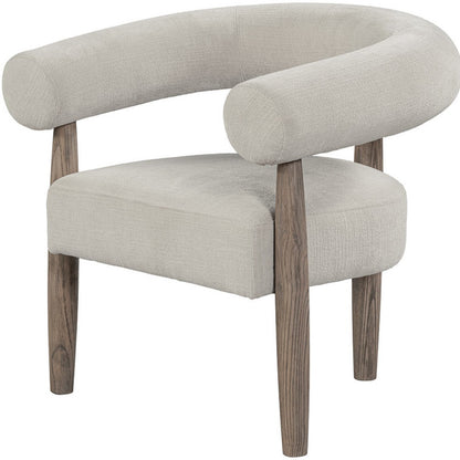 29" CREAM AND LIGHT BROWN FABRIC AND WOOD CURVED ARM CHAIR