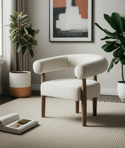 29" OFF WHITE AND ASH GRAY FABRIC AND WOOD ARMCHAIR