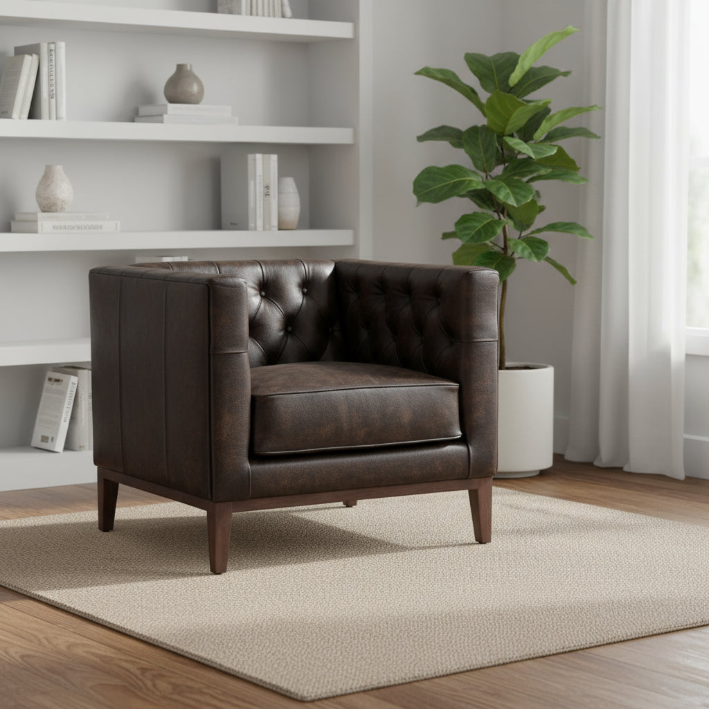 CALABASAS 33" BROWN AND BLACK ANTIQUED TOP GRAIN LEATHER TUFTED CLUB CHAIR - Varnish & Vibe