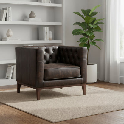 CALABASAS 33" BROWN AND BLACK ANTIQUED TOP GRAIN LEATHER TUFTED CLUB CHAIR - Varnish & Vibe