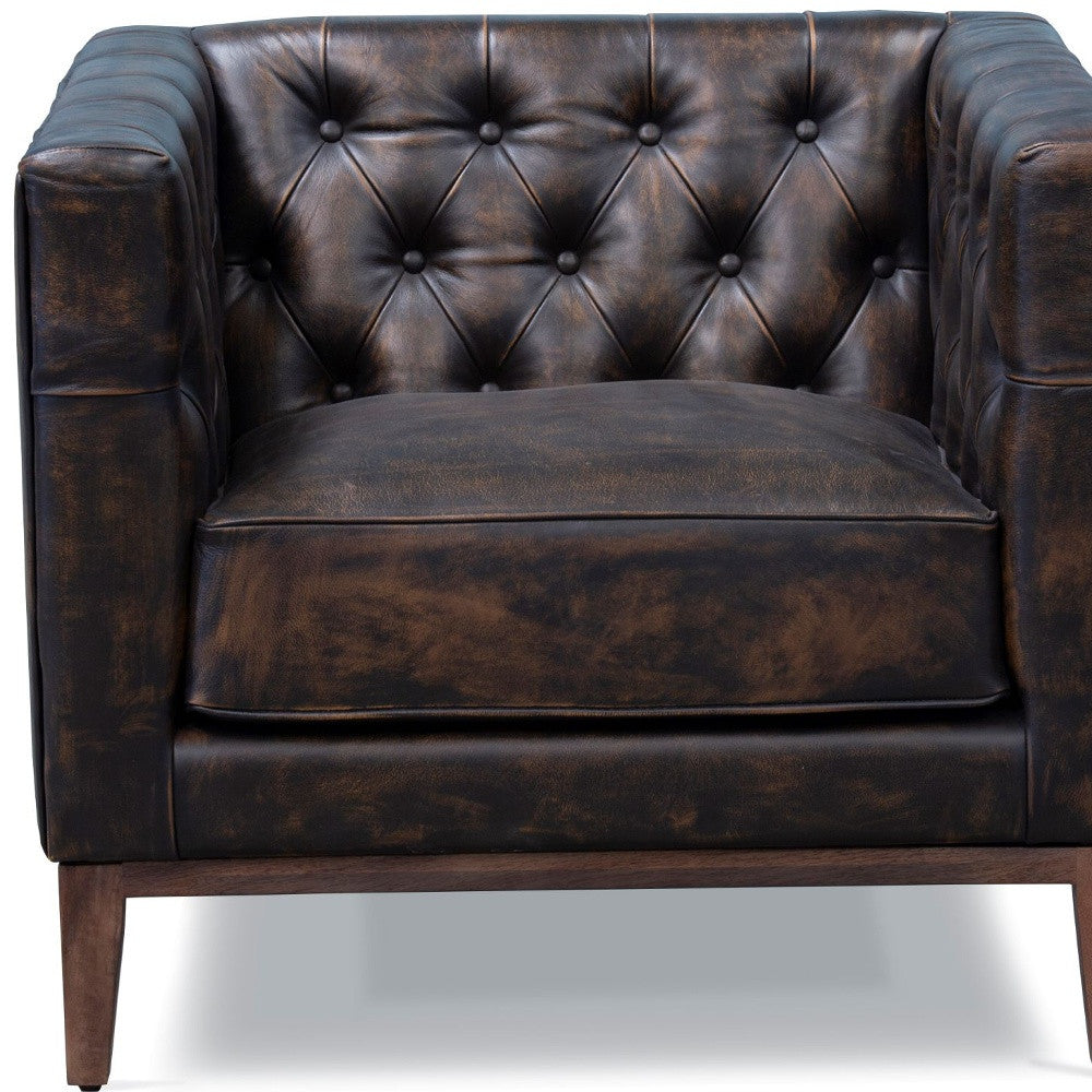 CALABASAS 33" BROWN AND BLACK ANTIQUED TOP GRAIN LEATHER TUFTED CLUB CHAIR - Varnish & Vibe