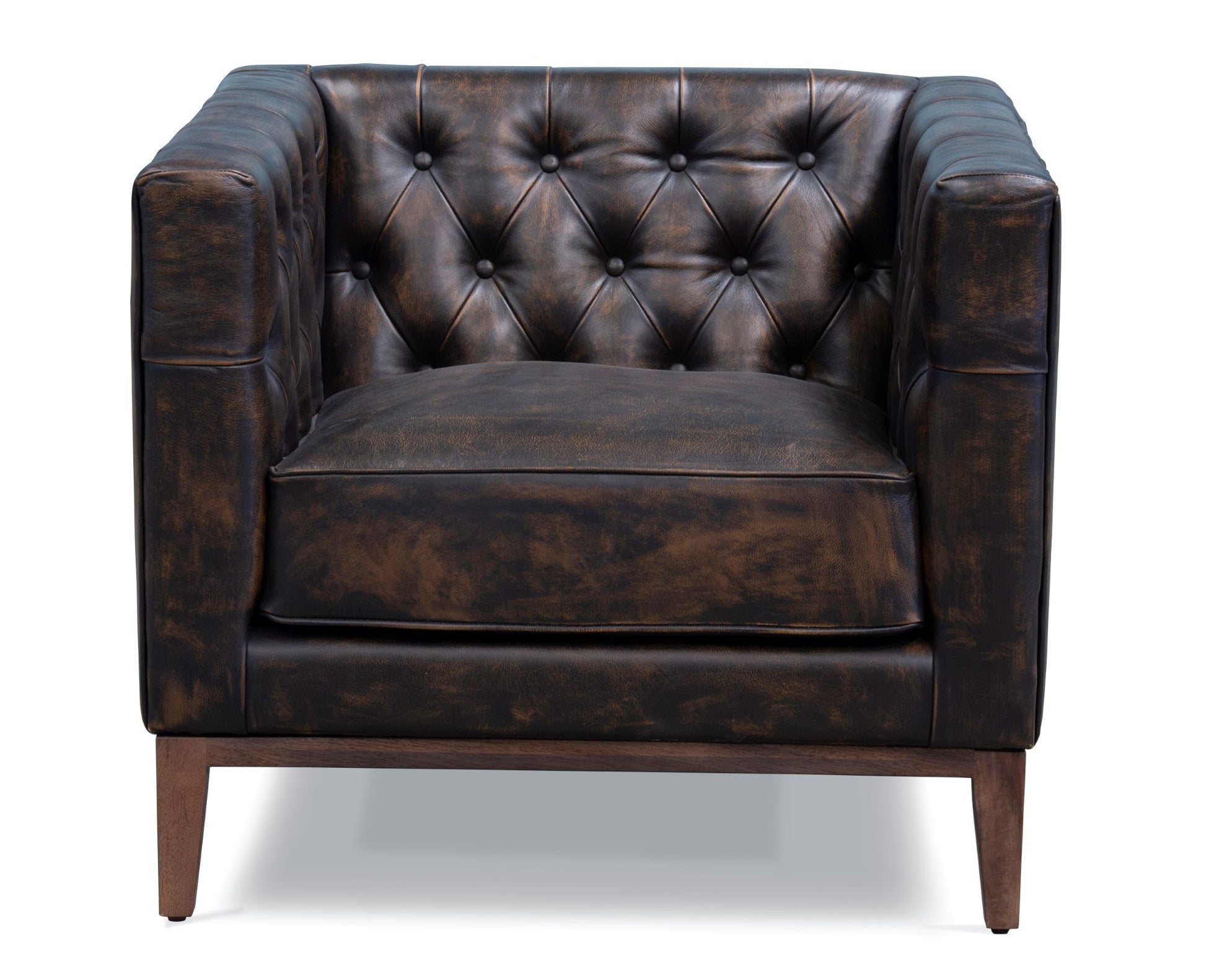 CALABASAS 33" BROWN AND BLACK ANTIQUED TOP GRAIN LEATHER TUFTED CLUB CHAIR - Varnish & Vibe