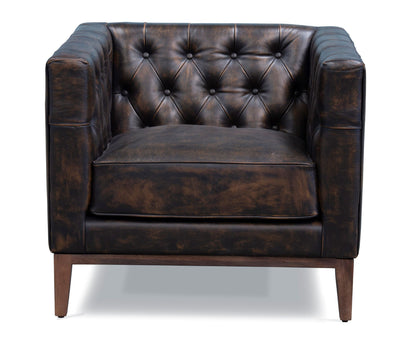 CALABASAS 33" BROWN AND BLACK ANTIQUED TOP GRAIN LEATHER TUFTED CLUB CHAIR - Varnish & Vibe