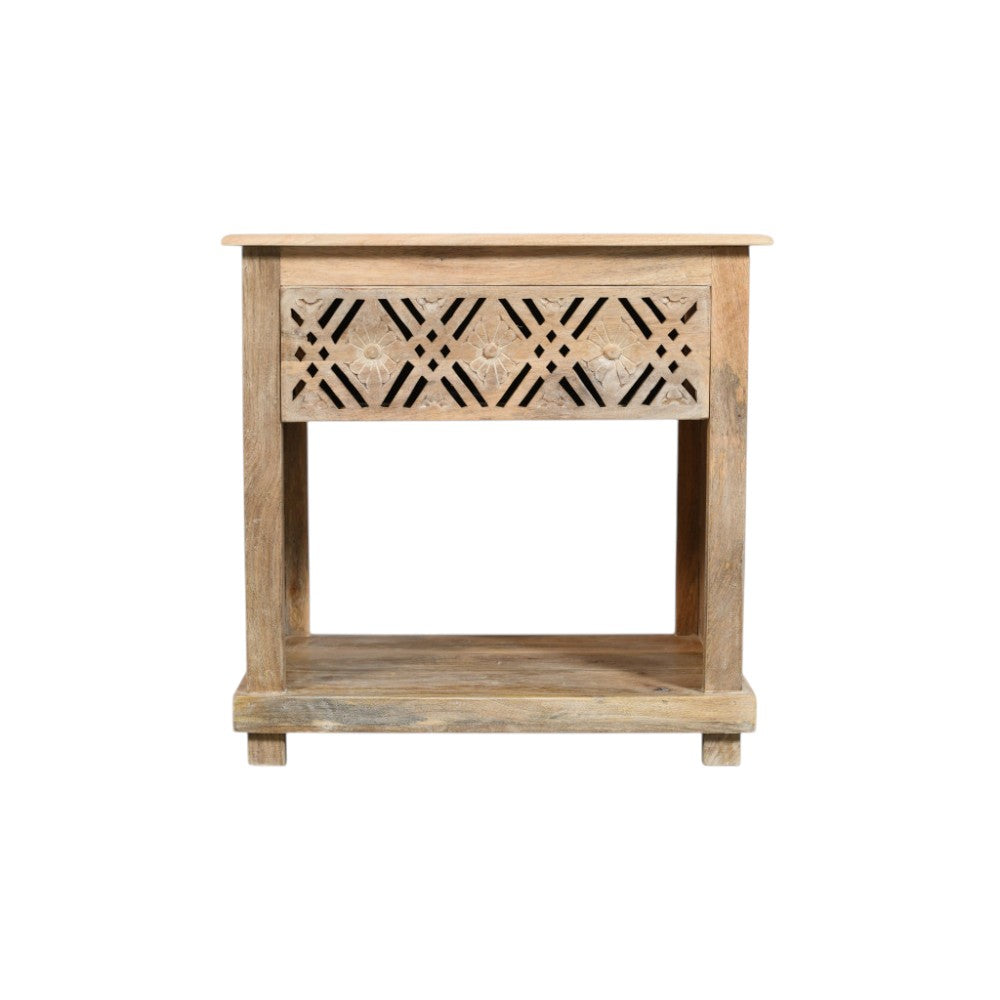 MALIBU 28" NATURAL SOLID WOOD CARVED GEOMETRIC ONE DRAWER NIGHTSTAND - Varnish & Vibe