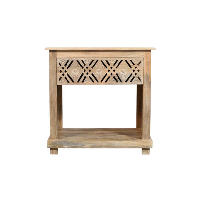 MALIBU 28" NATURAL SOLID WOOD CARVED GEOMETRIC ONE DRAWER NIGHTSTAND - Varnish & Vibe