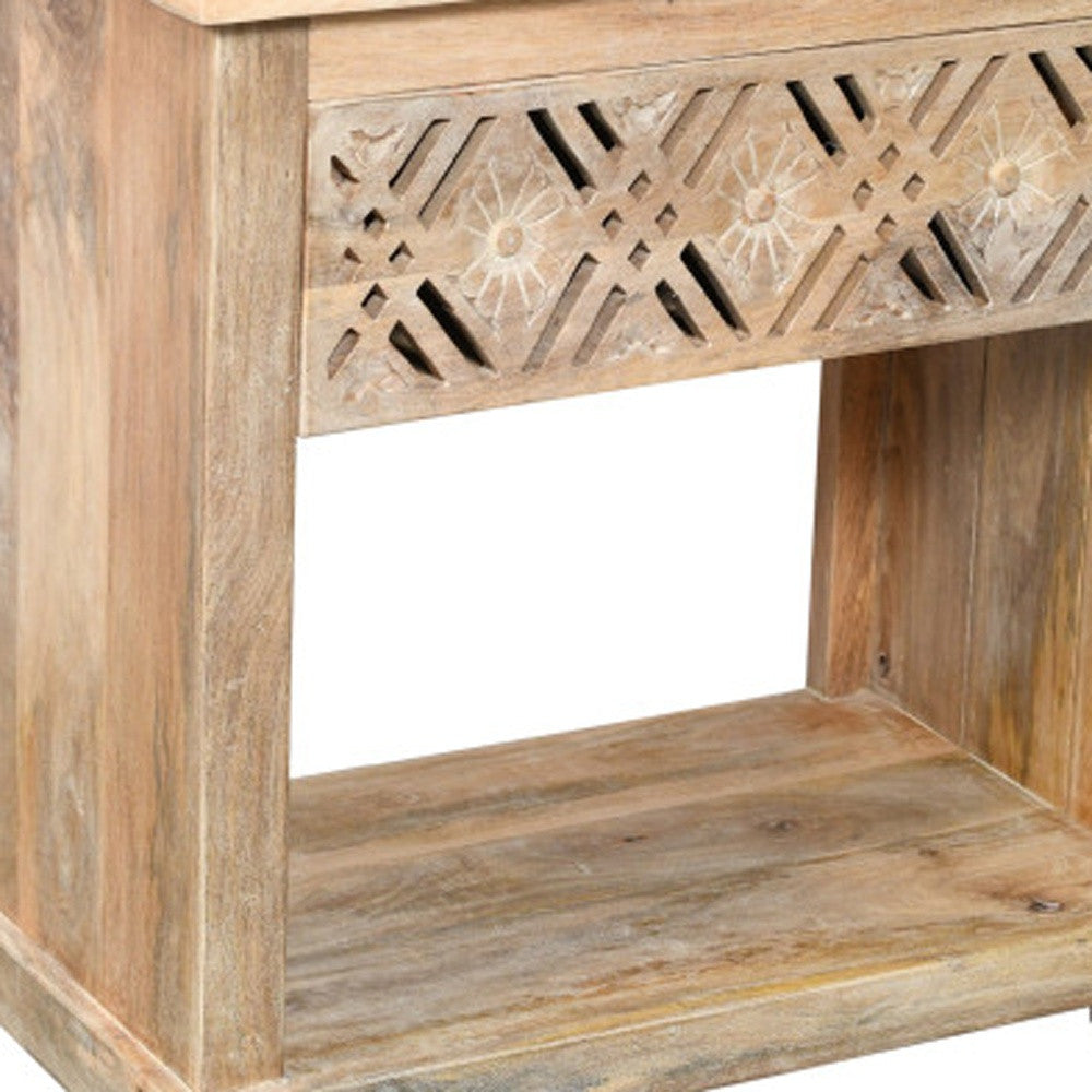 MALIBU 28" NATURAL SOLID WOOD CARVED GEOMETRIC ONE DRAWER NIGHTSTAND - Varnish & Vibe