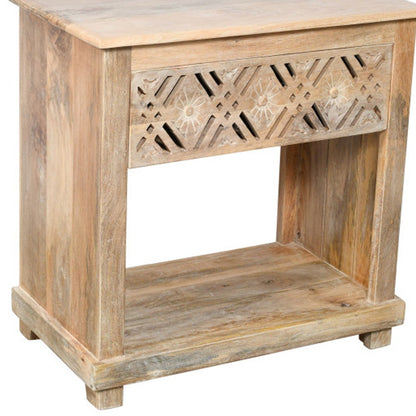 MALIBU 28" NATURAL SOLID WOOD CARVED GEOMETRIC ONE DRAWER NIGHTSTAND - Varnish & Vibe