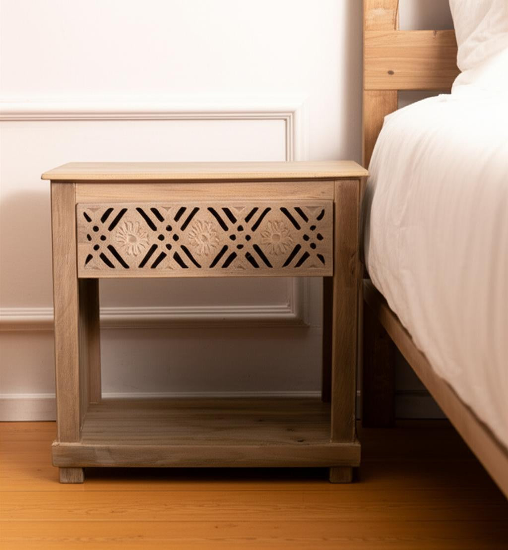 MALIBU 28" NATURAL SOLID WOOD CARVED GEOMETRIC ONE DRAWER NIGHTSTAND - Varnish & Vibe