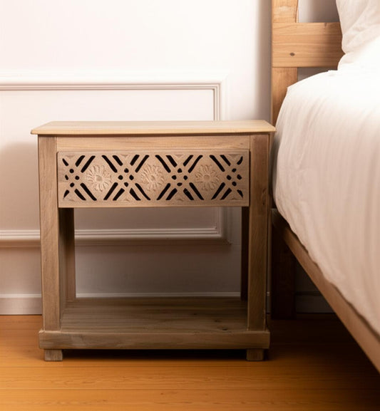 MALIBU 28" NATURAL SOLID WOOD CARVED GEOMETRIC ONE DRAWER NIGHTSTAND - Varnish & Vibe