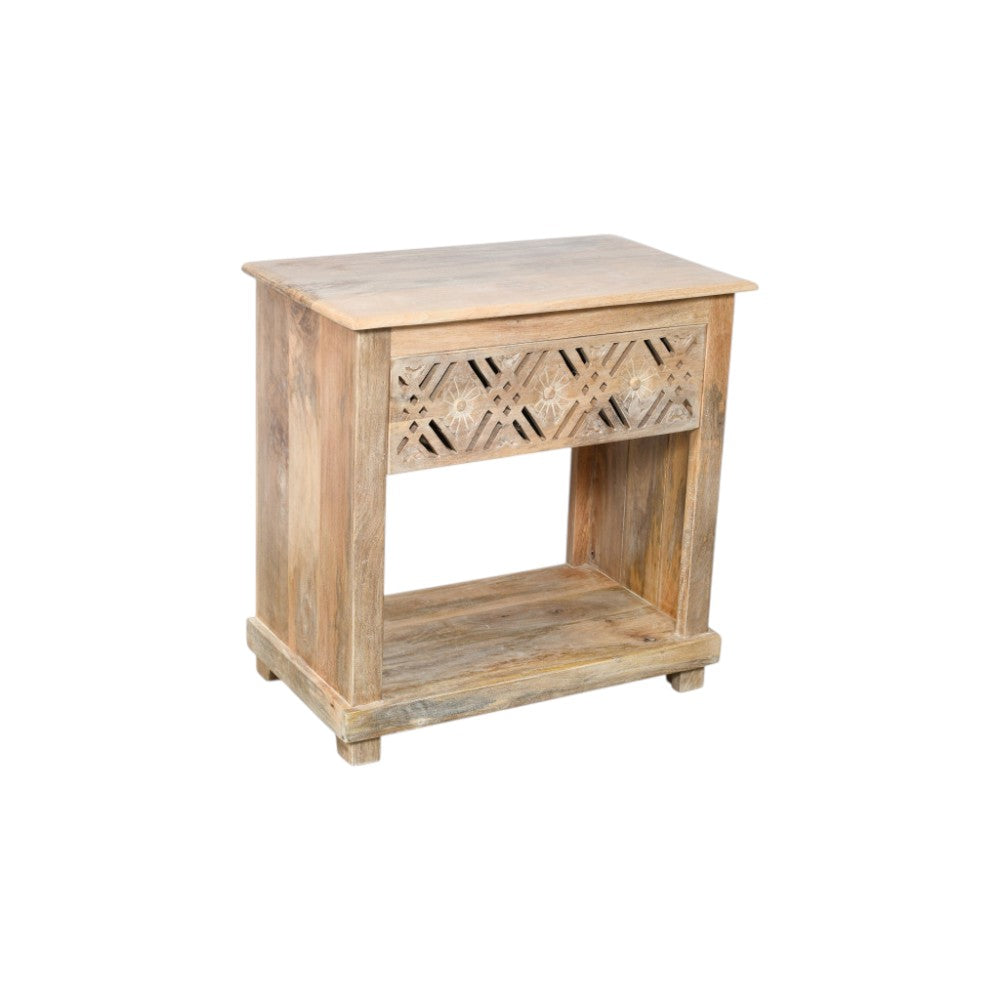 MALIBU 28" NATURAL SOLID WOOD CARVED GEOMETRIC ONE DRAWER NIGHTSTAND - Varnish & Vibe
