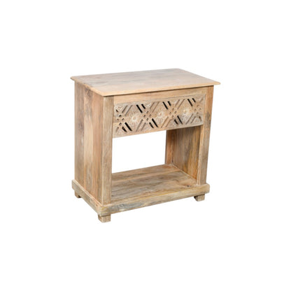 MALIBU 28" NATURAL SOLID WOOD CARVED GEOMETRIC ONE DRAWER NIGHTSTAND - Varnish & Vibe