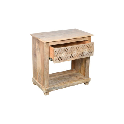 MALIBU 28" NATURAL SOLID WOOD CARVED GEOMETRIC ONE DRAWER NIGHTSTAND - Varnish & Vibe