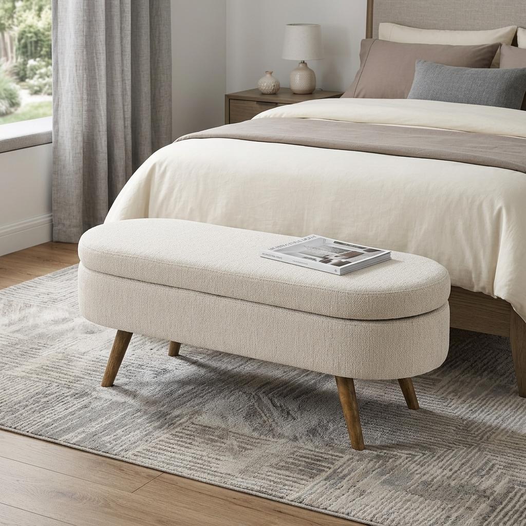 Palisades linen bench styled at the foot of a bed