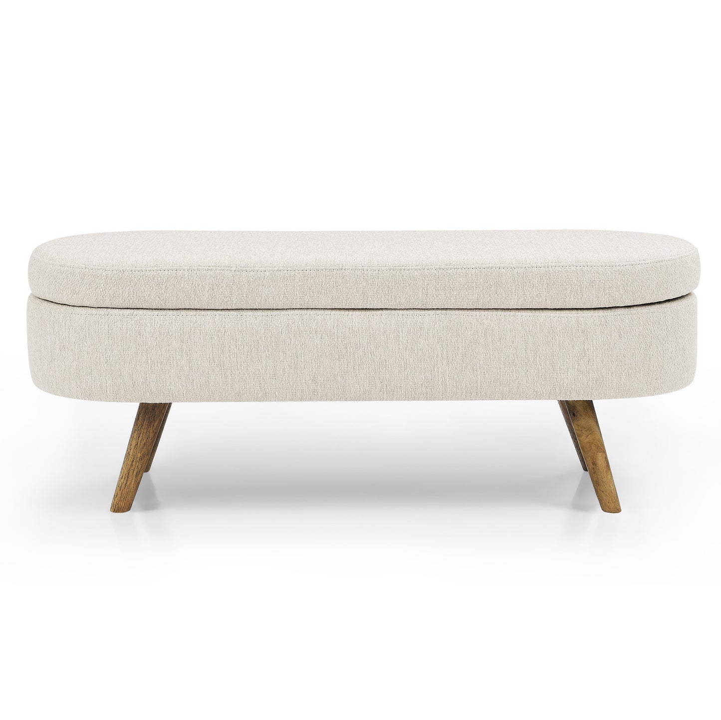 Beige linen upholstered storage bench with wood legs from the Palisades fall collection