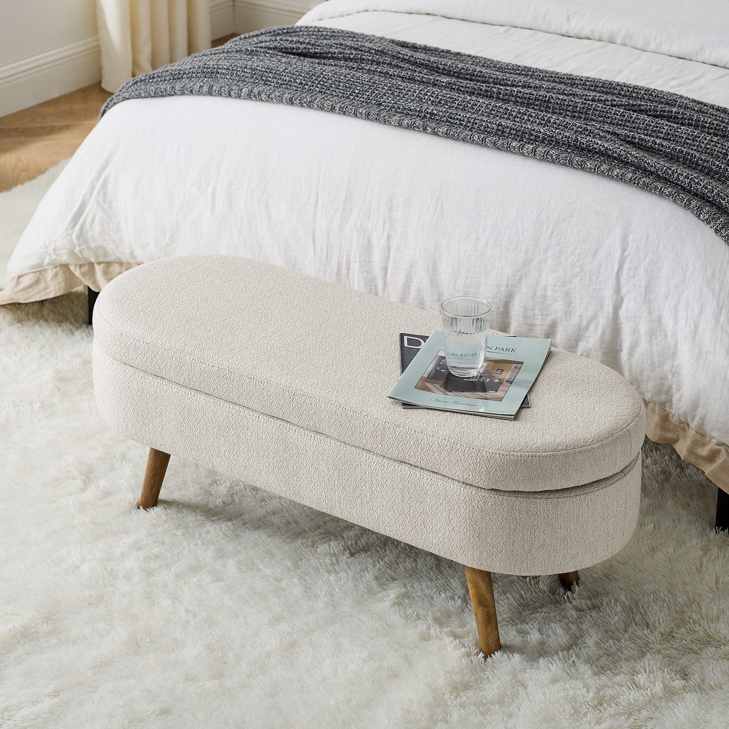 Palisades linen bench styled at the foot of a bed