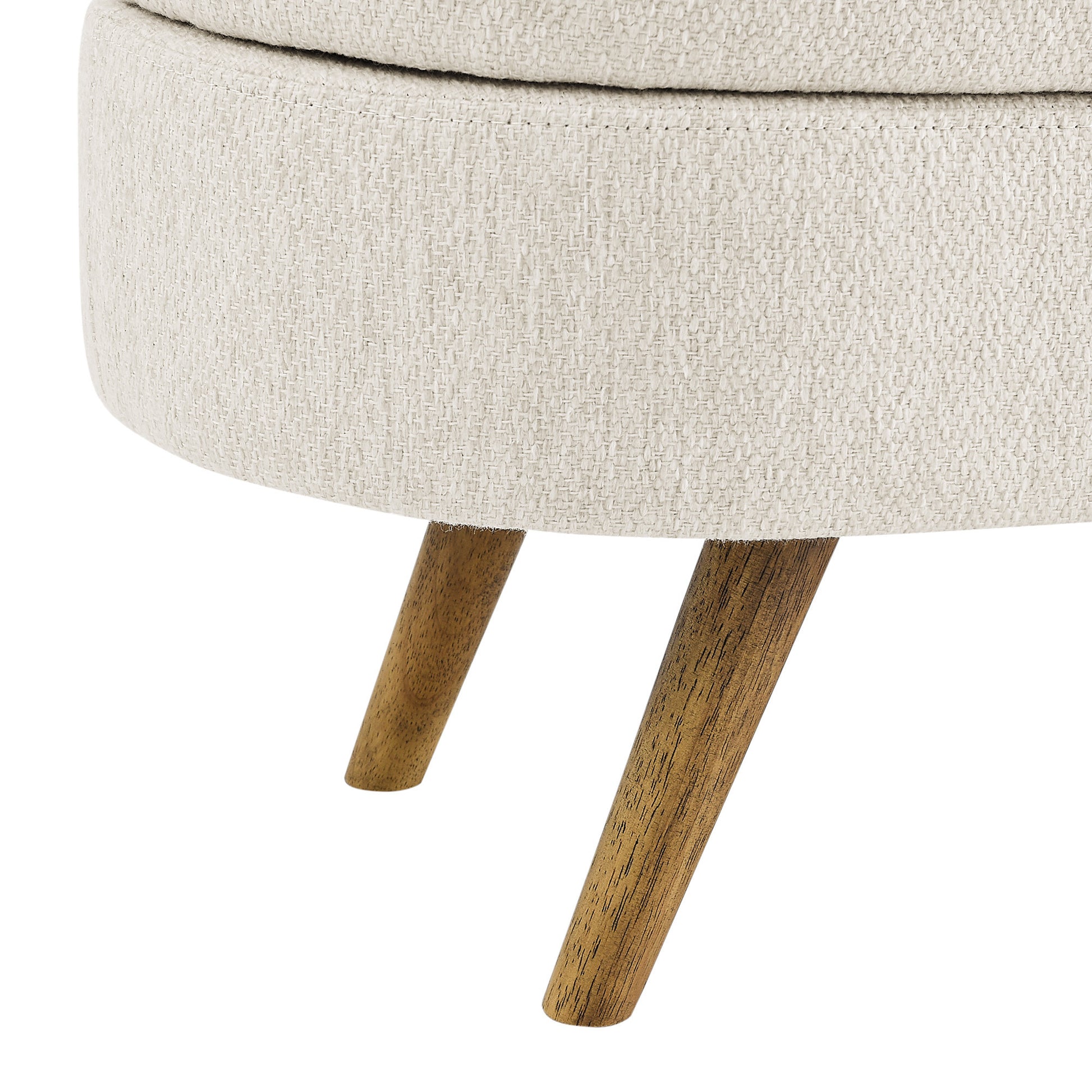 Side view of the 44-inch beige linen storage bench