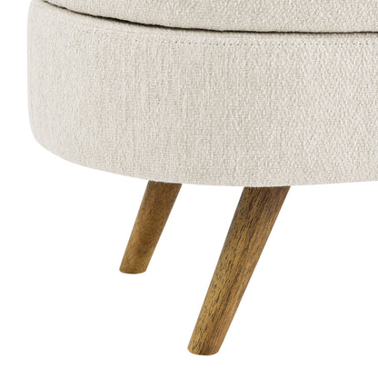 Side view of the 44-inch beige linen storage bench