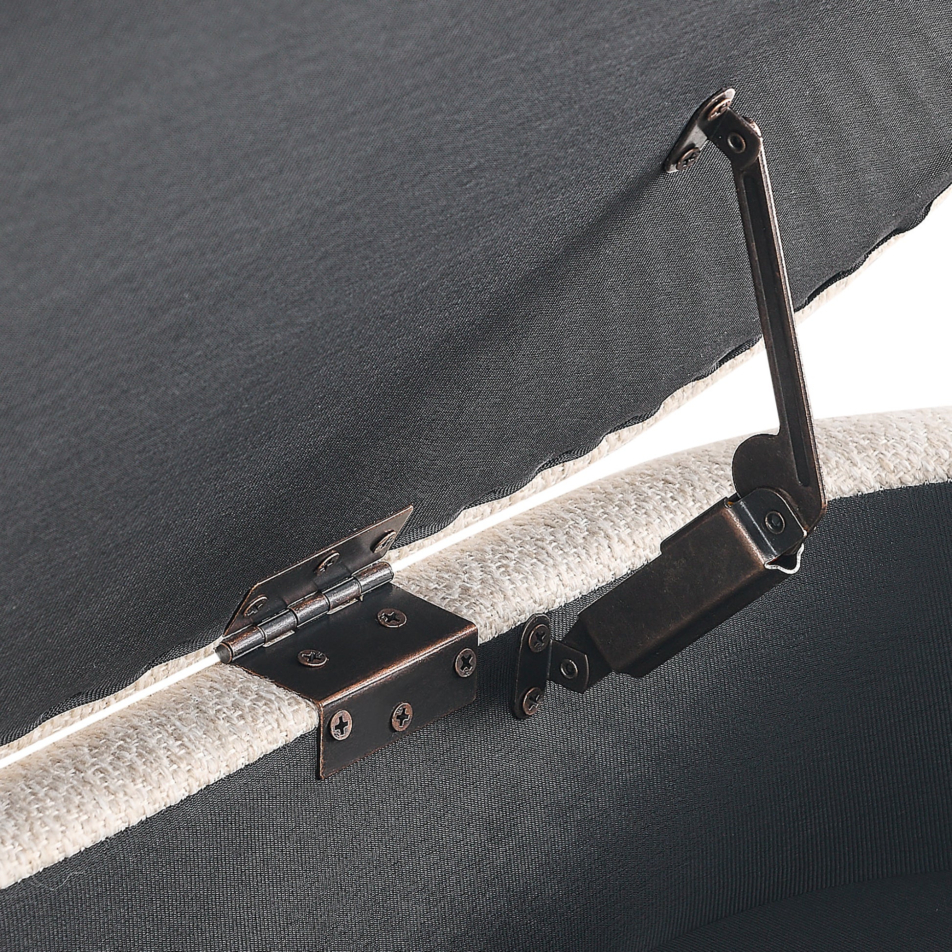 Open flip-top lid showing hidden storage in the Palisades linen bench