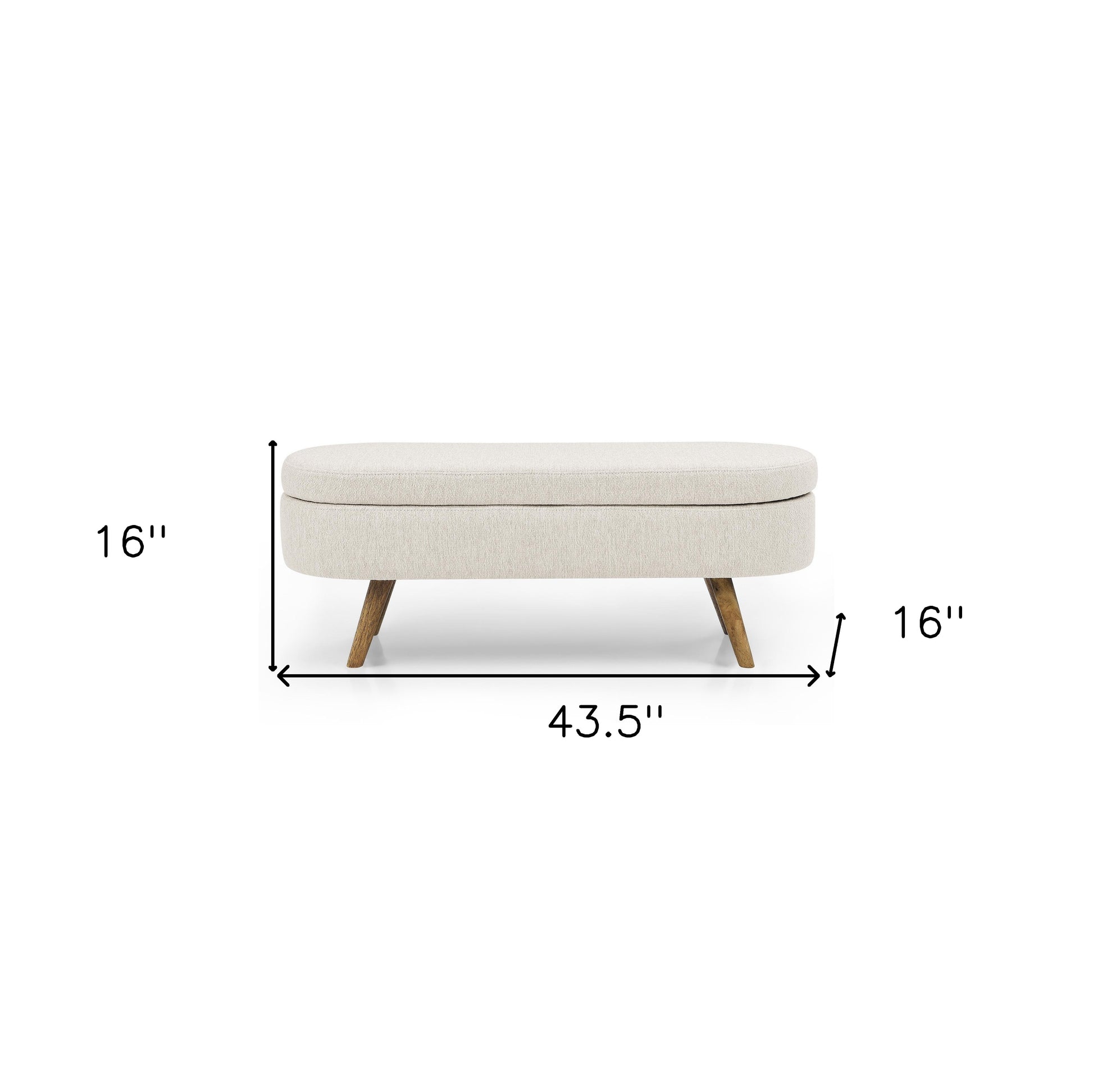 Beige linen upholstered storage bench with wood legs from the Palisades fall collection