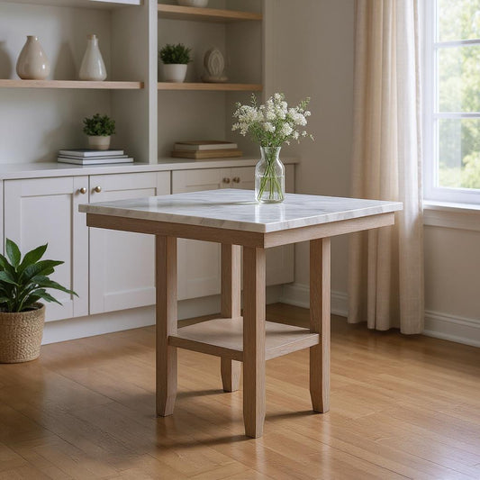 MALIBU 42" WHITE AND NATURAL FAUX MARBLE AND WOOD SQUARE BAR TABLE - Varnish & Vibe