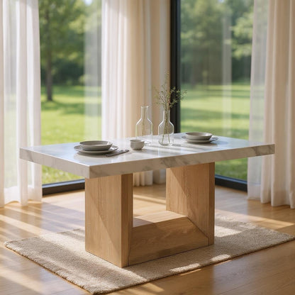 70" WHITE AND NATURAL FAUX MARBLE AND WOOD PEDESTAL BASE DINING TABLE