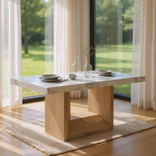 70" WHITE AND NATURAL FAUX MARBLE AND WOOD PEDESTAL BASE DINING TABLE