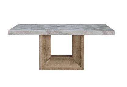 70" WHITE AND NATURAL FAUX MARBLE AND WOOD PEDESTAL BASE DINING TABLE
