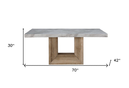70" WHITE AND NATURAL FAUX MARBLE AND WOOD PEDESTAL BASE DINING TABLE