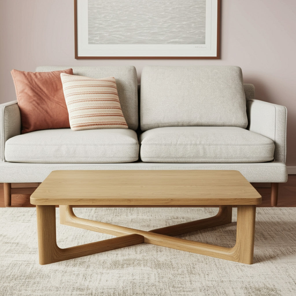 50" NATURAL SOLID WOOD CROSS LEGS COFFEE TABLE - Varnish & Vibe