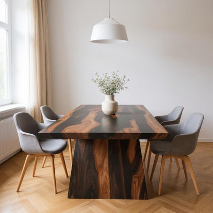 Dining room with a wooden table and gray chairs in a well-lit room.