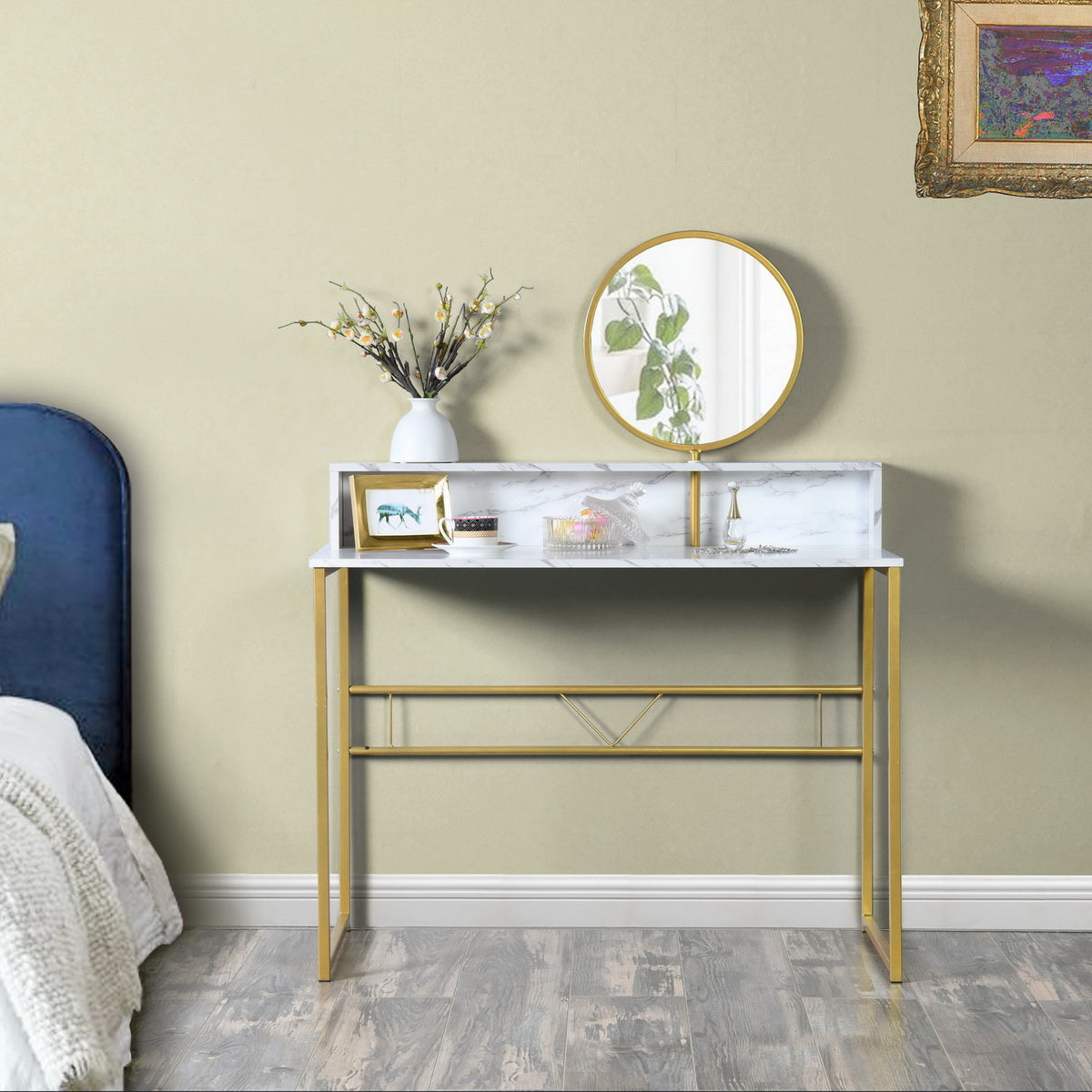 41" WHITE AND GOLD FAUX MARBLE VANITY WITH MIRROR