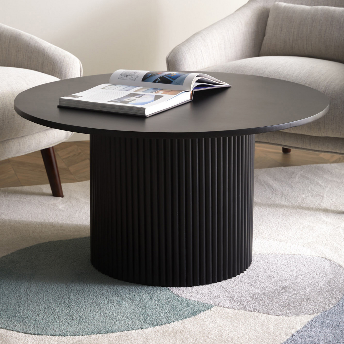 36" BLACK SOLID WOOD ROUND PEDESTAL COFFEE TABLE