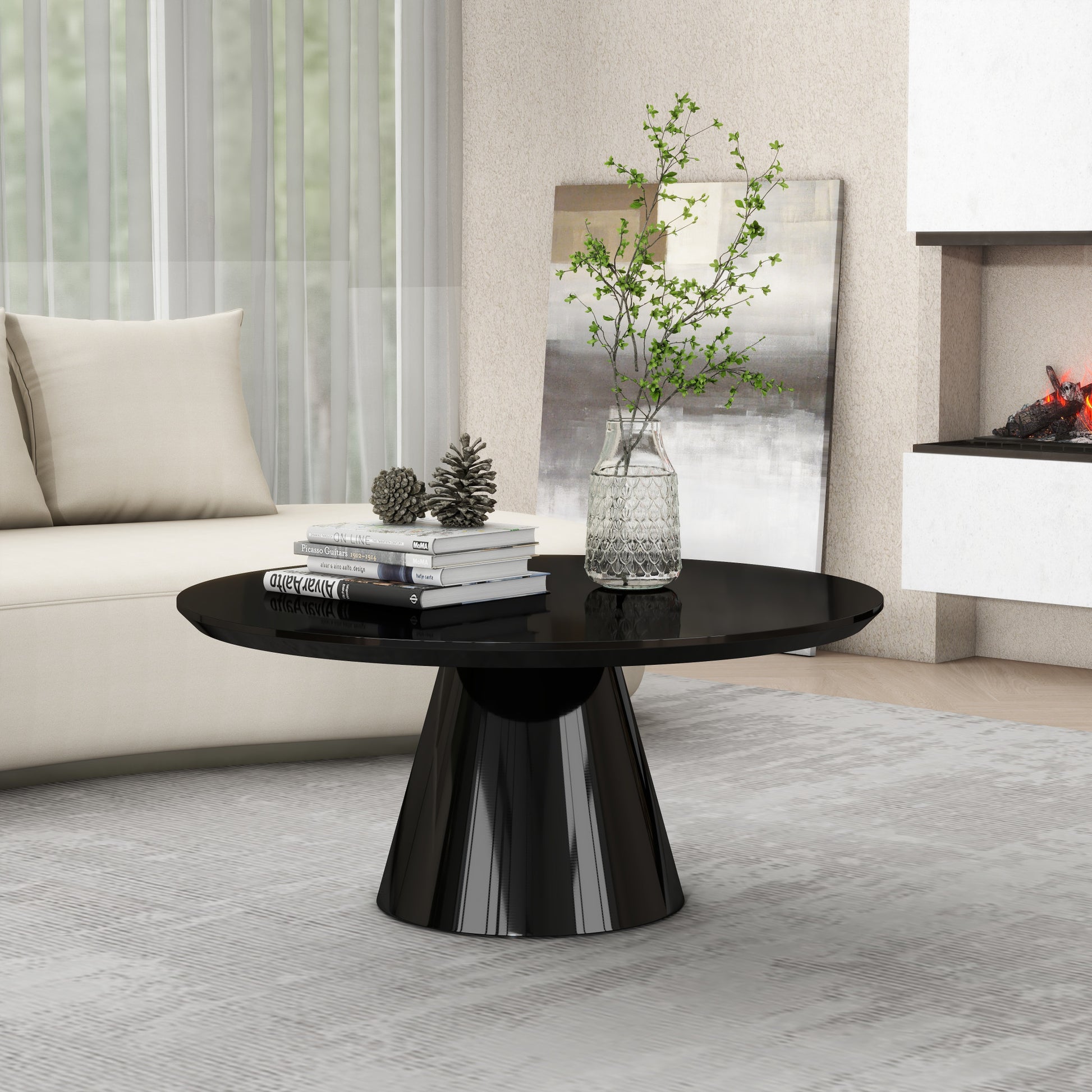 black wood round coffee table, wood round coffee table, round coffee table, 35" black wood round coffee, 35" black wood round