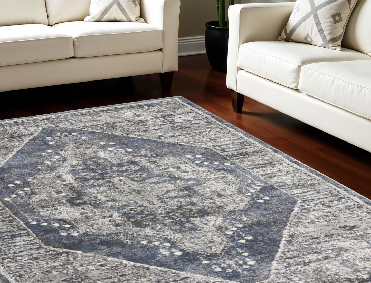 CALABASAS 8' X 10' BLUE FLORAL POWER LOOM DISTRESSED AREA RUG - Varnish & Vibe