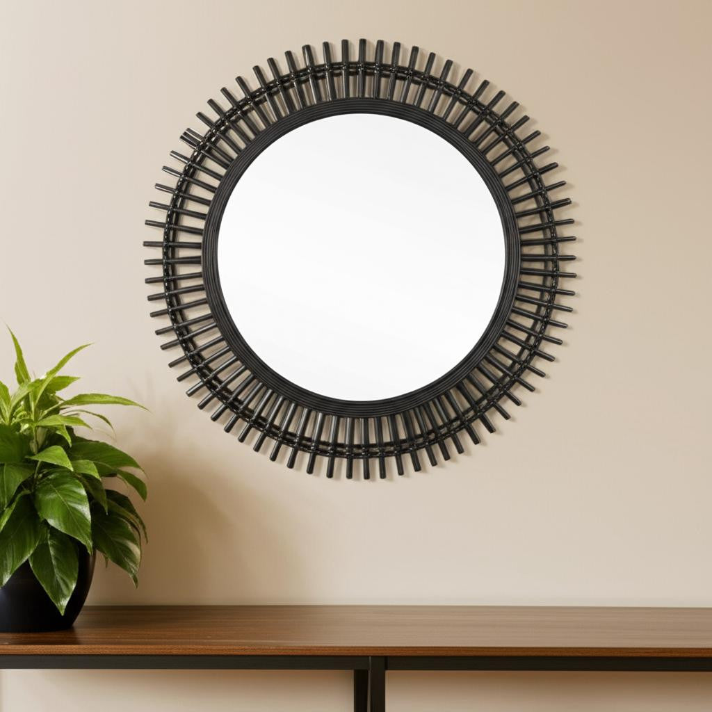 31" BLACK BAMBOO PIERCED ROUND ACCENT MIRROR - Varnish & Vibe