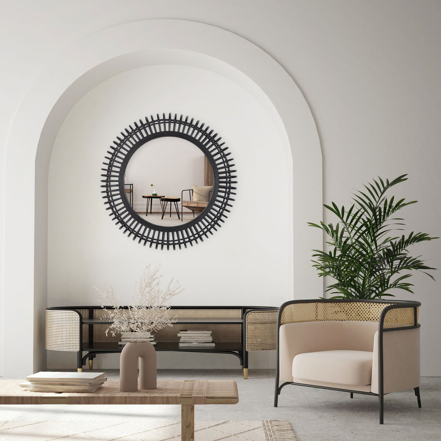 black bamboo round accent mirror, bamboo round accent mirror, 31" black bamboo round accent, round accent mirror, 31" black bamboo round