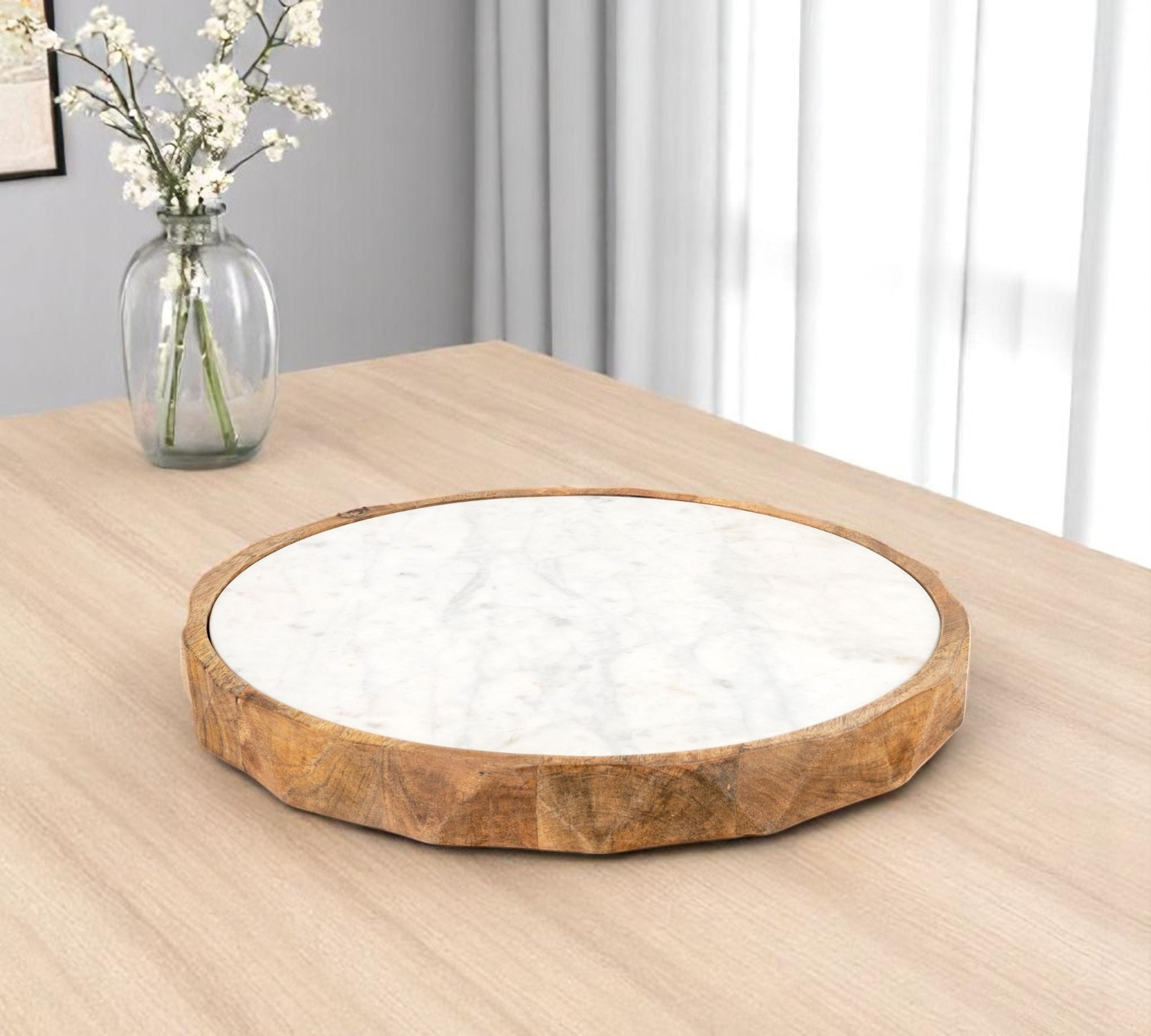 15" BROWN AND WHITE MARBLE AND SOLID WOOD ROUND CHEESE BOARD - Varnish & Vibe