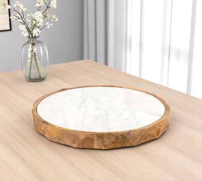 15" BROWN AND WHITE MARBLE AND SOLID WOOD ROUND CHEESE BOARD - Varnish & Vibe