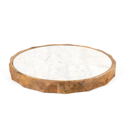 15" BROWN AND WHITE MARBLE AND SOLID WOOD ROUND CHEESE BOARD - Varnish & Vibe
