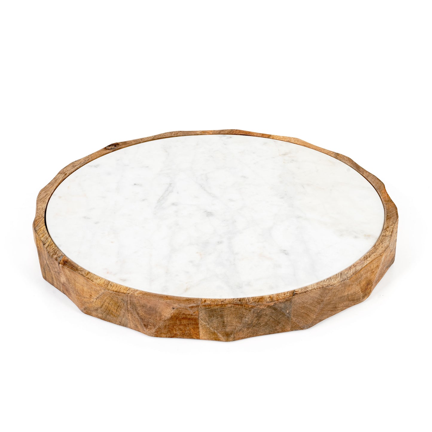 15" BROWN AND WHITE MARBLE AND SOLID WOOD ROUND CHEESE BOARD - Varnish & Vibe