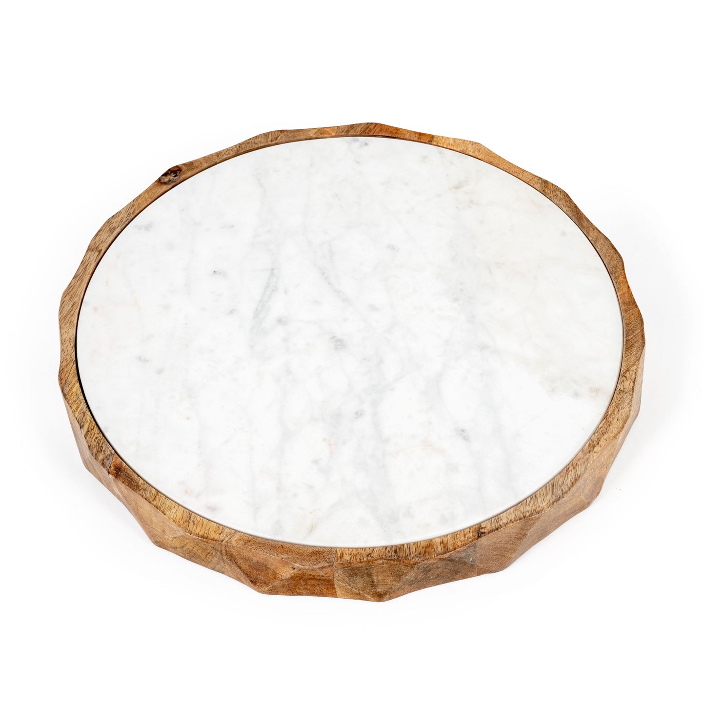 15" BROWN AND WHITE MARBLE AND SOLID WOOD ROUND CHEESE BOARD - Varnish & Vibe