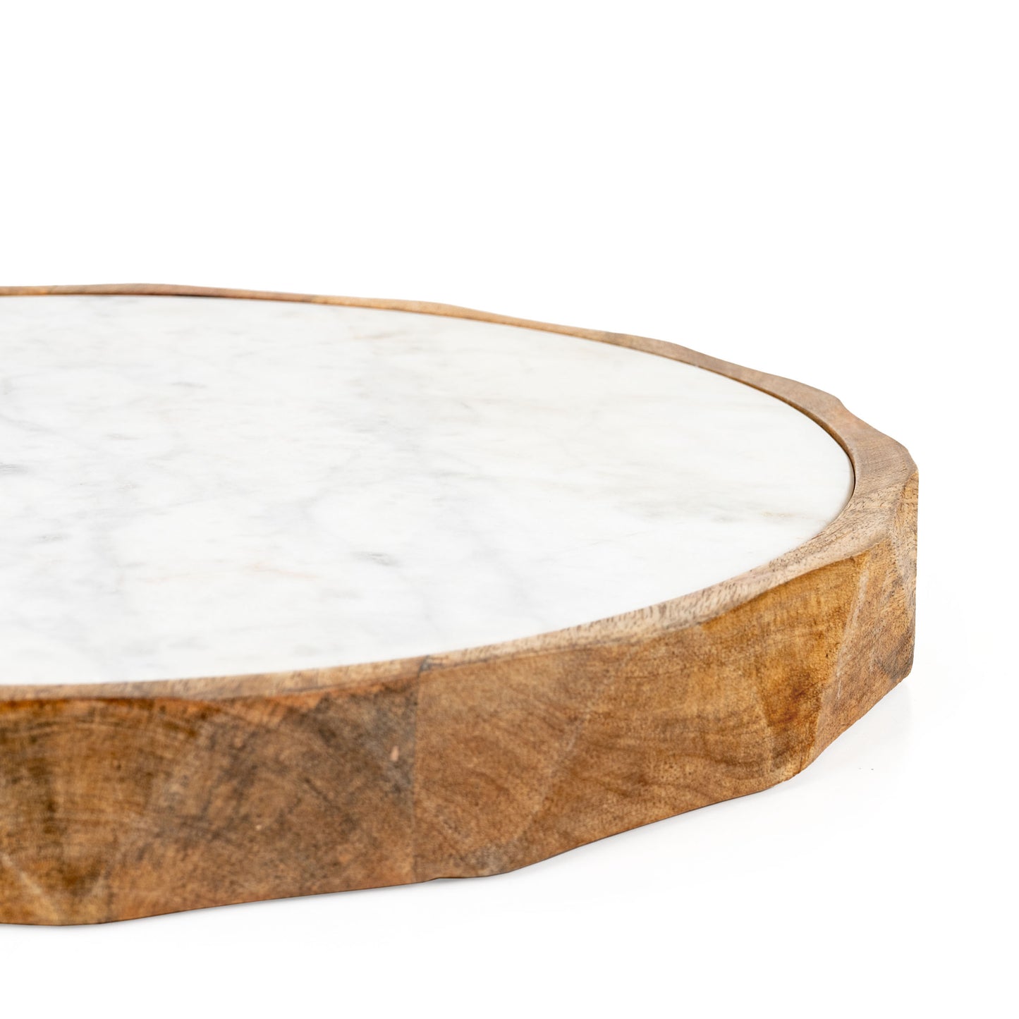 15" BROWN AND WHITE MARBLE AND SOLID WOOD ROUND CHEESE BOARD - Varnish & Vibe