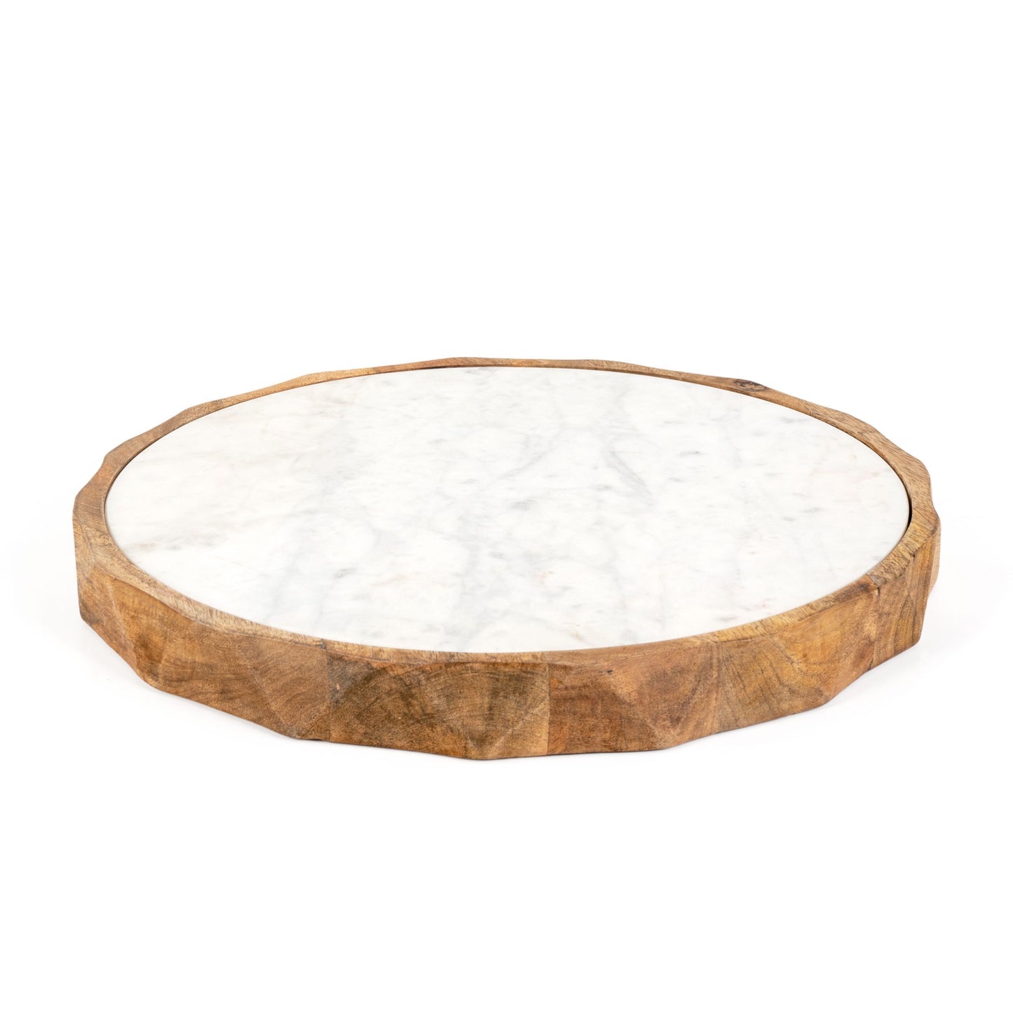 15" BROWN AND WHITE MARBLE AND SOLID WOOD ROUND CHEESE BOARD - Varnish & Vibe