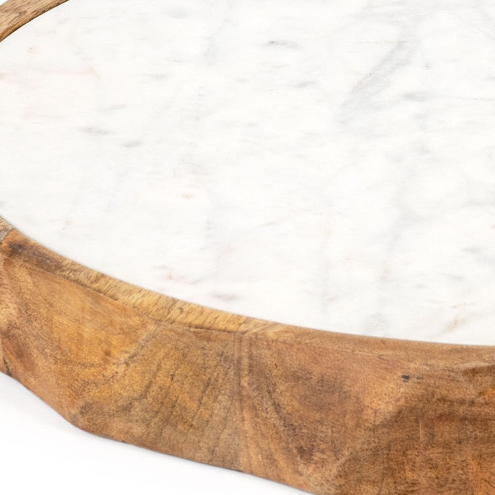 15" BROWN AND WHITE MARBLE AND SOLID WOOD ROUND CHEESE BOARD - Varnish & Vibe