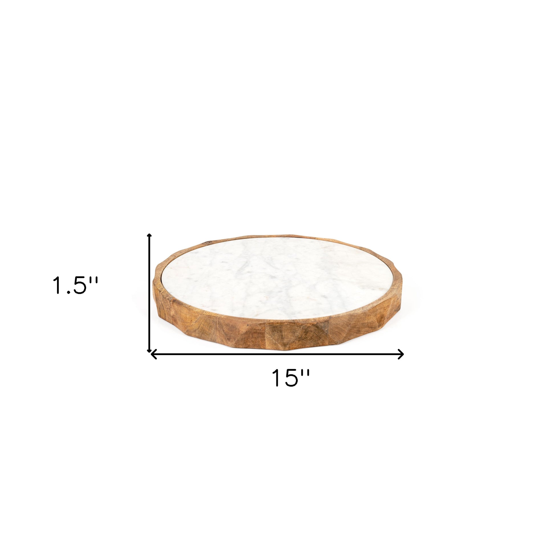 15" BROWN AND WHITE MARBLE AND SOLID WOOD ROUND CHEESE BOARD - Varnish & Vibe